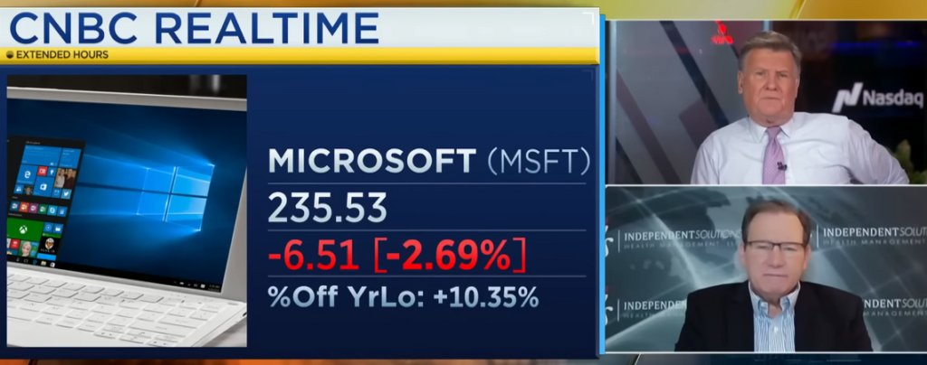 CNBC Real Time Banner with Microsoft Share prices displayed in white and blue. Two boxes show Paul Meeks, middle aged gentleman in a black suit.