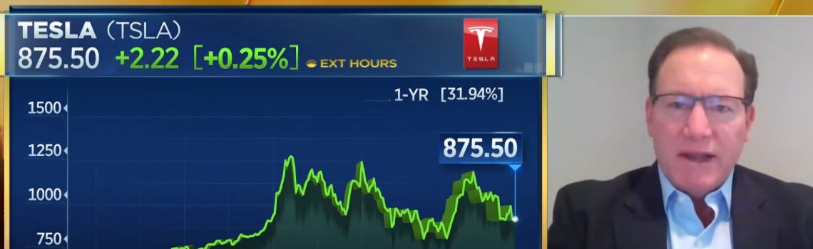 tec investor paul meeks on cnbc with Tesla stock prices in the background talking tech stock market news
